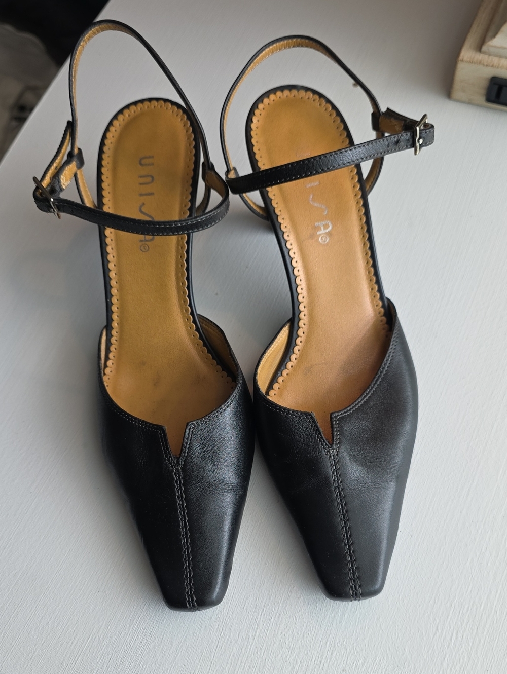 Unisa Black Leather Pointed-Toe Ankle-Strap Heels